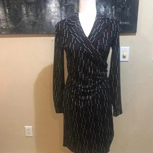Vintage Express Black Red White Dot & Dash Design Faux Wrap Midi Dress-Size 5/6 - Picture 1 of 10